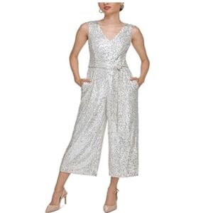 Calvin Klein Silver Sequin Sleeveless Belted Jumpsuit - Size 16